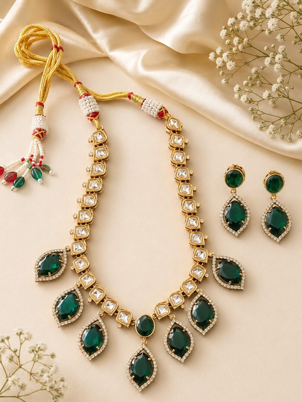 Green American Diamond Necklace & Earring Set